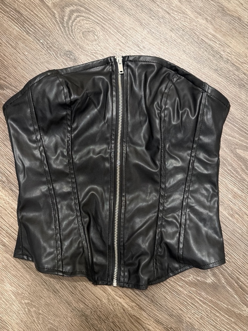 H&M Black Faux Leather Strapless Corset Crop Top with Front Zipper
